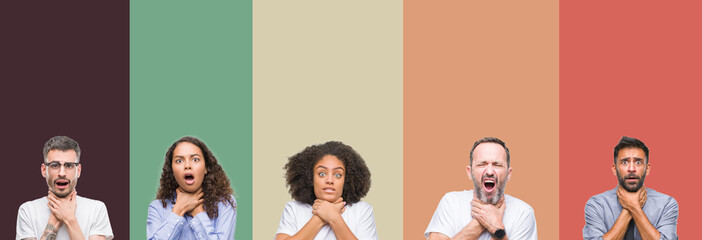 Obraz premium Collage of group of young and senior people over colorful isolated background shouting and suffocate because painful strangle. Health problem. Asphyxiate and suicide concept.