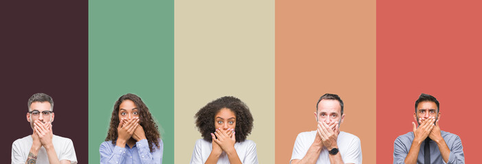 Collage of group of young and senior people over colorful isolated background shocked covering...