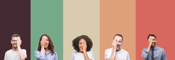 Collage of group of young and senior people over colorful isolated background covering one eye with hand with confident smile on face and surprise emotion.
