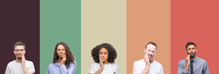 Collage of group of young and senior people over colorful isolated background touching mouth with hand with painful expression because of toothache or dental illness on teeth. Dentist concept.