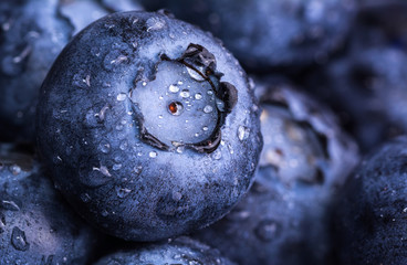 Fresh ripe blueberries with drops of dew. Berry background. Macro photo.