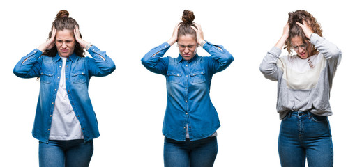 Collage of young brunette curly hair girl over isolated background suffering from headache desperate and stressed because pain and migraine. Hands on head.