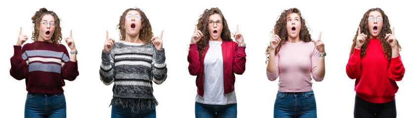 Collage of young brunette curly hair girl over isolated background amazed and surprised looking up and pointing with fingers and raised arms.