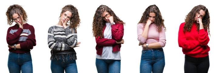 Collage of young brunette curly hair girl over isolated background thinking looking tired and bored with depression problems with crossed arms.