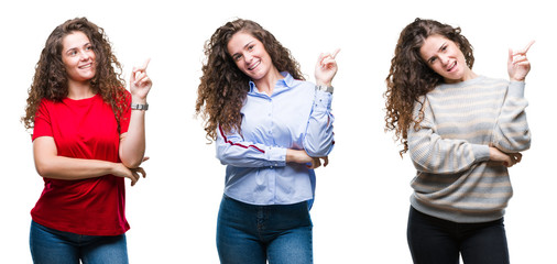 Fototapeta premium Collage of young brunette curly hair girl over isolated background with a big smile on face, pointing with hand and finger to the side looking at the camera.