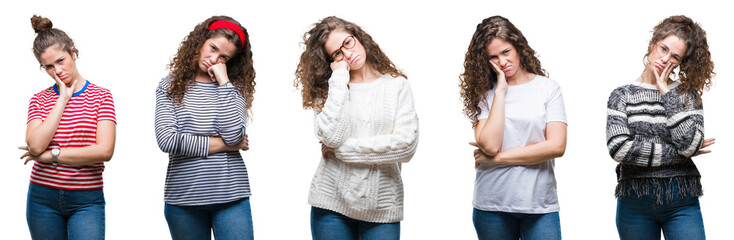 Collage of young brunette curly hair girl over isolated background thinking looking tired and bored with depression problems with crossed arms.