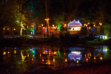 Illuminated Picnic Area in the Forest at Night