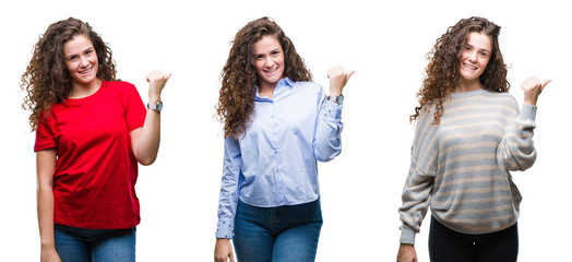 Collage of young brunette curly hair girl over isolated background smiling with happy face looking and pointing to the side with thumb up.