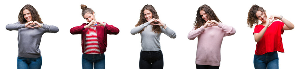 Collage of young brunette curly hair girl over isolated background smiling in love showing heart symbol and shape with hands. Romantic concept.