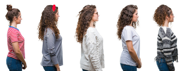 Fototapeta premium Collage of young brunette curly hair girl over isolated background looking to side, relax profile pose with natural face with confident smile.
