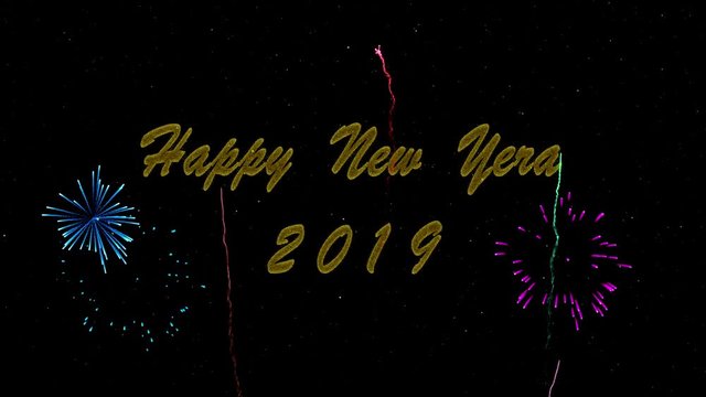 Merry Christmas and Happy New Year 2019 Text Greeting and Wishes card Made from Glitter Particles and Sparklers Light Dark Night Sky With Colorful Firework 