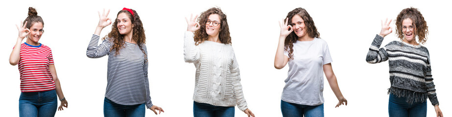 Collage of young brunette curly hair girl over isolated background smiling positive doing ok sign with hand and fingers. Successful expression.