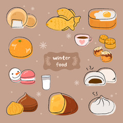 Winter food icons set. Vector laters with korean panncake, baked bread, sweet potato, egg bread