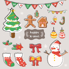 Merry Christmas icons set. Vector layers with Snowman, tree, cookies, socks