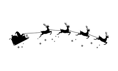 Santa Claus ride sleigh drawn flying reindeer Christmas illustration - obrazy, fototapety, plakaty