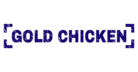 GOLD CHICKEN label seal stamp with corroded texture. Text label is placed between corners. Blue vector rubber print of GOLD CHICKEN with dust texture.