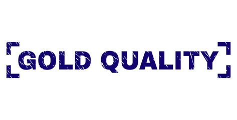 GOLD QUALITY text seal print with distress texture. Text title is placed between corners. Blue vector rubber print of GOLD QUALITY with retro texture.