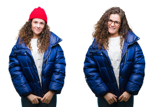 Collage of young brunette girl wearing winter wool cap and coat over isolated background with a happy and cool smile on face. Lucky person.