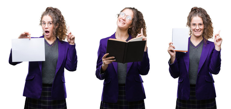 Collage of young student girl wearing school uniform holding degree over isolated background surprised with an idea or question pointing finger with happy face, number one