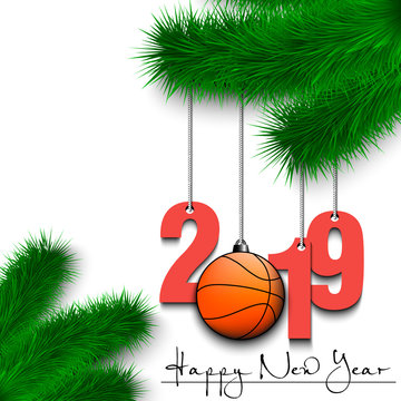 Basketball ball and 2019 on Christmas tree branch