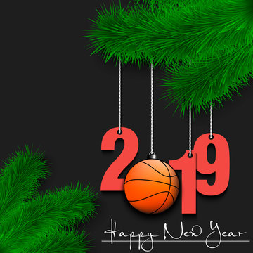 Basketball ball and 2019 on Christmas tree branch