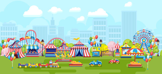 Colorful vector panorama of city park with festive fair and merry-go-rounds on urban background