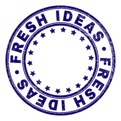 FRESH IDEAS stamp seal imprint with grunge texture. Designed with round shapes and stars. Blue vector rubber print of FRESH IDEAS title with dust texture.