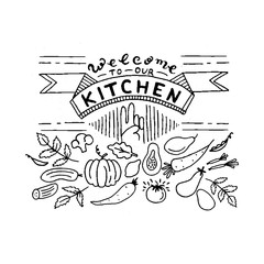Welcome to our kitchen design concept. Hand lettering phrase.