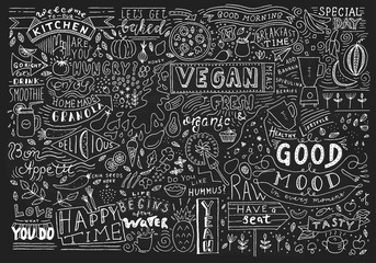 Chalkboard Kitchen Art, Blackboard Lettering Wall Art, Kitchen Chalkboard Sign. Cafe template design. Restaurant wall typography. - obrazy, fototapety, plakaty