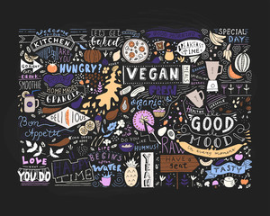 Kitchen Wall Art. Vegan restaurant, cafe, home decor. Menu Elements, food doodle, lettering.