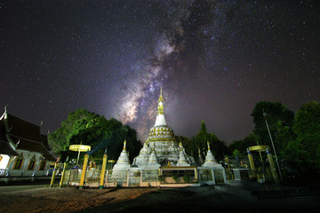 Beautiful scenery of the milky way on night sky at white pagoda in Luang temple,(Wat Luang) Pai...