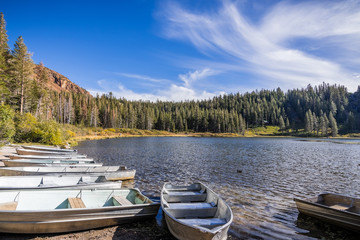 Boats on the shore of Lake George in the Mammoth Lakes Basin, Eastern Sierra mountains, California