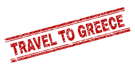 TRAVEL TO GREECE seal imprint with grunge texture. Red vector rubber print of TRAVEL TO GREECE caption with retro texture. Text caption is placed between double parallel lines.