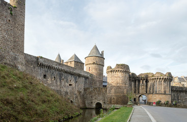 Fototapeta na wymiar Walls of the fortified city of Fougeres, Brittany region, France.