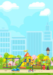 Colorful city park with playground and promenade against urban buildings