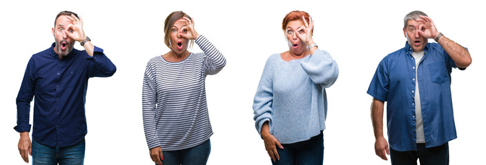 Collage of group of elegant middle age and senior people over isolated background doing ok gesture shocked with surprised face, eye looking through fingers. Unbelieving expression.