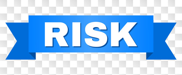 RISK text on a ribbon. Designed with white caption and blue stripe. Vector banner with RISK tag on a transparent background.