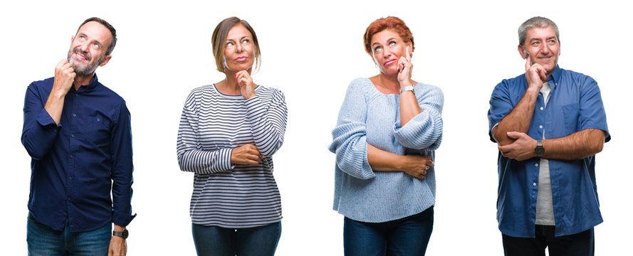Collage of group of elegant middle age and senior people over isolated background with hand on chin thinking about question, pensive expression. Smiling with thoughtful face. Doubt concept.