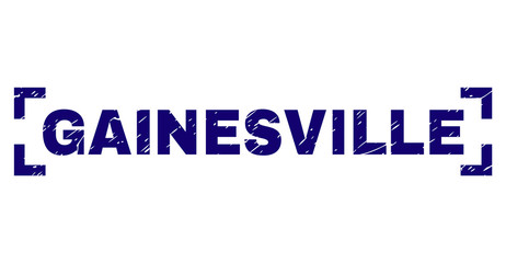 GAINESVILLE text seal print with distress texture. Text title is placed inside corners. Blue vector rubber print of GAINESVILLE with dust texture.