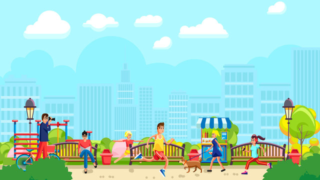 Vector design of people doing sports and spending time in modern green park with urban background