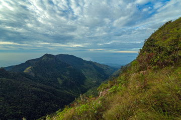 Mountains Landscape cloud forest. Worlds End in Horton Plains National Park Sri Lanka.