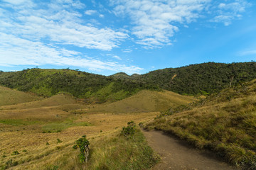 Fototapeta na wymiar Horton Plains National Park highlands of Sri Lanka and is covered by montane grassland and cloud forest. Ceylon, Asia.