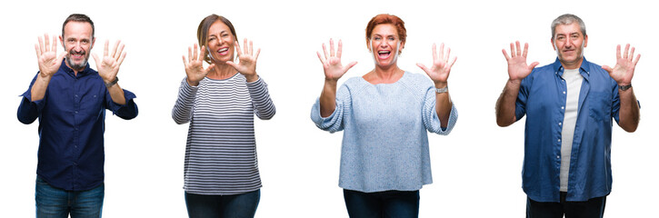 Collage of group of elegant middle age and senior people over isolated background showing and pointing up with fingers number ten while smiling confident and happy.