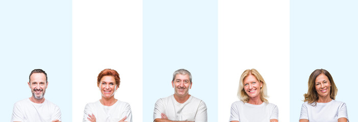 Collage of group middle age and senior people wearing white t-shirt over isolated background happy...