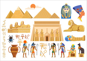 Vector set of various cultural symbols of Egyptian architecture and signs on white background - obrazy, fototapety, plakaty