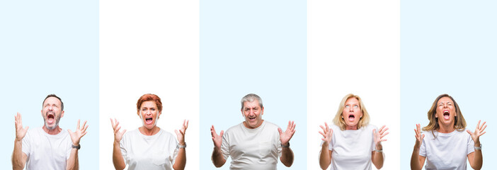 Collage of group middle age and senior people wearing white t-shirt over isolated background crazy...