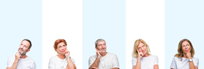 Collage of group middle age and senior people wearing white t-shirt over isolated background with hand on chin thinking about question, pensive expression. Smiling with thoughtful face. Doubt concept.