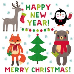 Christmas cartoon set, animals holding gift boxes and lettering