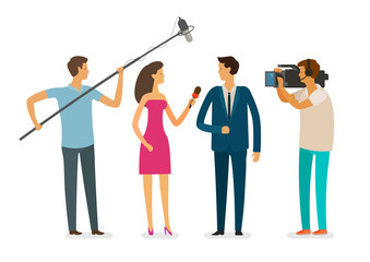 Interview with journalists. Video report, television concept. Cartoon vector illustration