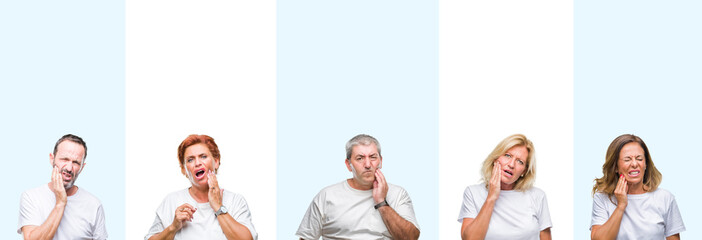 Collage of group middle age and senior people wearing white t-shirt over isolated background touching mouth with hand with painful expression because of toothache or dental illness on teeth
